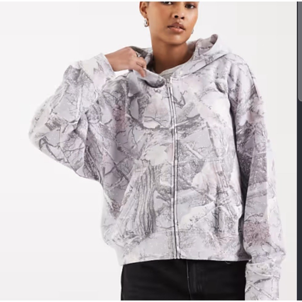 Hollister Boxy Fit Camo Full Zip Hoodie Jacket XS Gray White